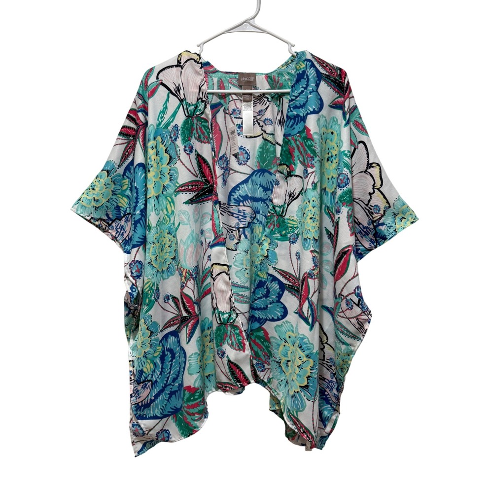 Chico's Botanical Blooms Woven Ruana Floral Open Front Wrap Multi L/XL Coastal